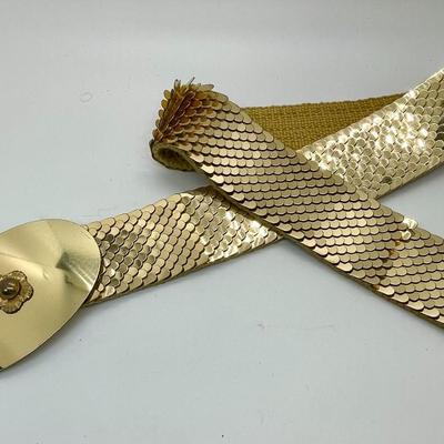 Vintage Gold Metallic Fish Scale Elastic 80's Glam Woven Belt