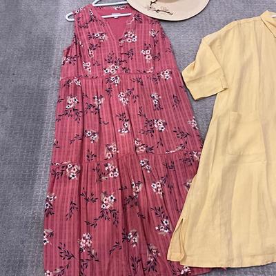 613 New with Tag J.Jill Yellow Linen Dress with Floral Dress and Panama Jack Straw Hat