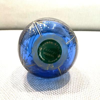 628 FABERGE Blue / Gold Etched Glass Egg