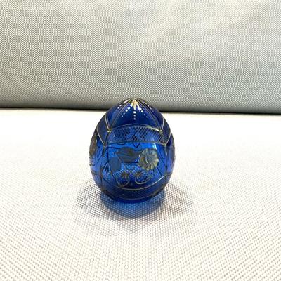 628 FABERGE Blue / Gold Etched Glass Egg