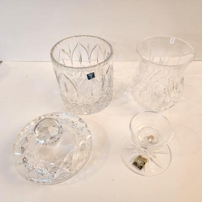 Lot #89 Crystal Biscuit Barrel and Hurricane Candle Stand