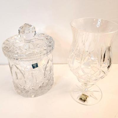 Lot #89 Crystal Biscuit Barrel and Hurricane Candle Stand