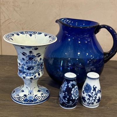 Blue trio includes Cobalt blue pitcher, blue vase and S&P shakers