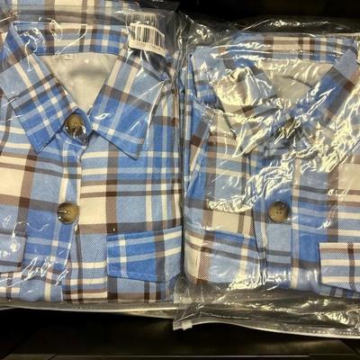 28 Blue & Brown Plaid Light Jackets New in Package Sizes S - XXL
