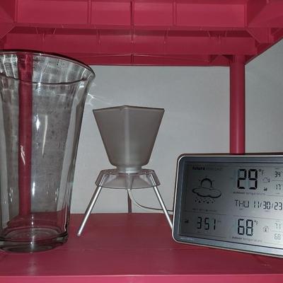 WEATHER STATION, SMALL LAMP AND VASE