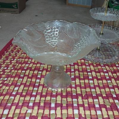 SILVER PLATED COFFEE SERVER, 3 TIER GLASS SERVER AND A LARGE GLASS BOWL