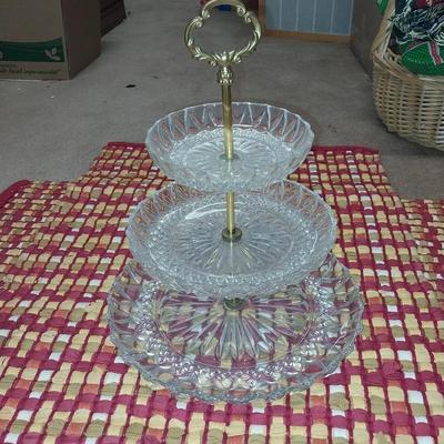 SILVER PLATED COFFEE SERVER, 3 TIER GLASS SERVER AND A LARGE GLASS BOWL