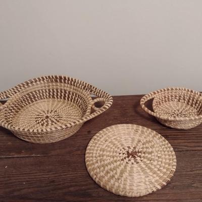 Set of Three Sweetgrass Baskets and Trivet