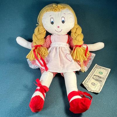 VINTAGE FABRIC & YARN DOLL w/ RED BALLET SHOES, PAINTED FACE