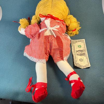 VINTAGE FABRIC & YARN DOLL w/ RED BALLET SHOES, PAINTED FACE