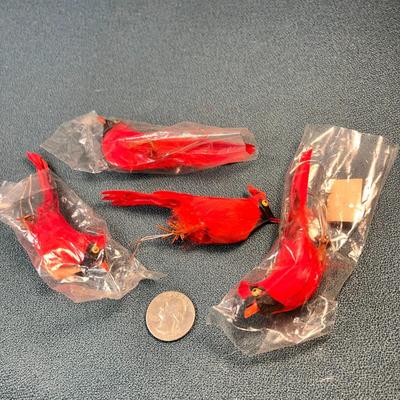 SET OF 4 RED FEATHER CARDINAL BIRD ORNAMENTS 
