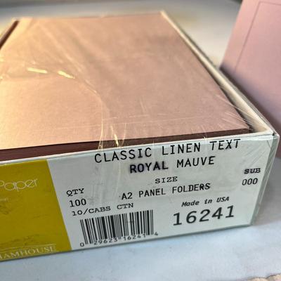 BOX OF MAUVE LINEN CARDS WITH EMBOSSED SIMPLE BORDER