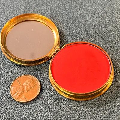 AVON METAL COMPACT WITH "PAGODA RED" LIPSTICK AND MIRROR, BAMBOO DECORATION