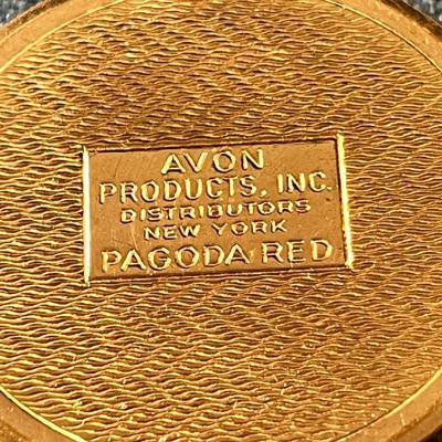 AVON METAL COMPACT WITH "PAGODA RED" LIPSTICK AND MIRROR, BAMBOO DECORATION