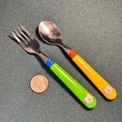 COLORFUL IKEA CHILDREN'S SPOON AND FORK w/ CAT PICTURES ON HANDLE