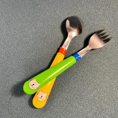 COLORFUL IKEA CHILDREN'S SPOON AND FORK w/ CAT PICTURES ON HANDLE