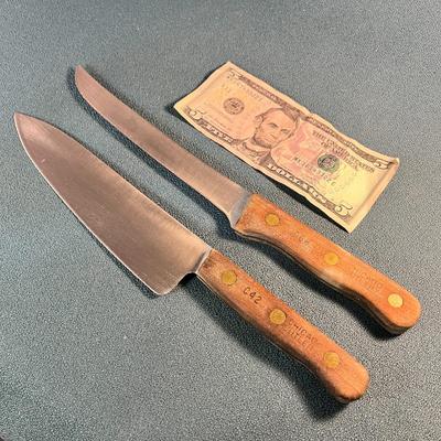 PAIR OF WOOD HANDLED CHICAGO CUTLERY KITCHEN KNIVES BOTH 7" LONG BLADES