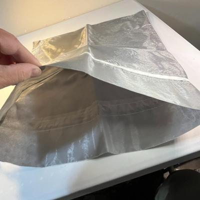 LARGE SHIMMERY SILVER GIFT BAG WITH WHITE SATIN RIBBON DRAW STRING CLOSURE