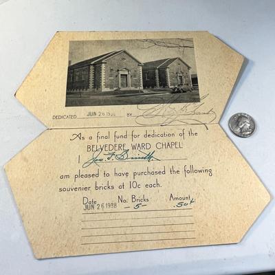 HEBER J. GRANT STAMPED BELVEDERE CHAPEL FUNDRAISER CARD-JOSEPH F. SMITH DONATES