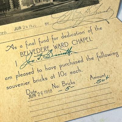 HEBER J. GRANT STAMPED BELVEDERE CHAPEL FUNDRAISER CARD-JOSEPH F. SMITH DONATES