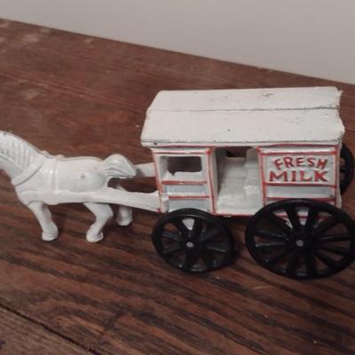 Vintage Cast Iron Horse Drawn Fresh Milk Wagon