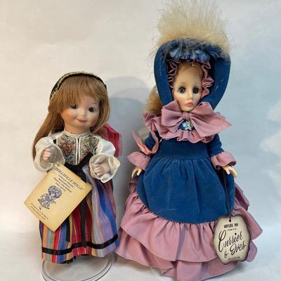 2 Dolls on stands - Porcelain Bisque Gypsy & Effanbee Currier & Ives