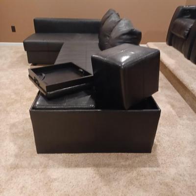Storage Bench 2 Side Ottomans Set Faux Leather Tray Coffee Table