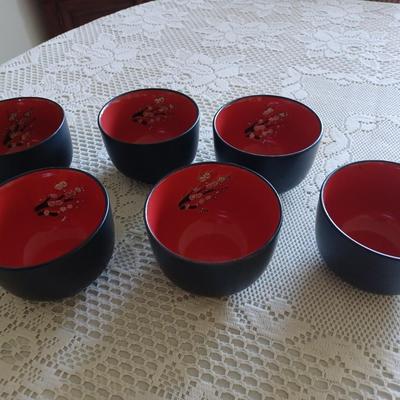 6 Oriental Black Bowls With Hand Painted White Blossoms