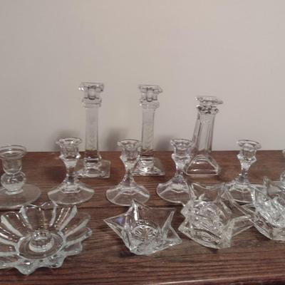 Collection of Crystal Glass Candle Stick Holders Various Sizes and Shapes