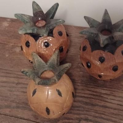Set of Three Wood Carved Pineapple Candle Stick Holders