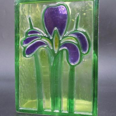 Vintage F.T.D.A. 1985 Romania Art Glass Iris Stain Glass Rectangular Flower Vase