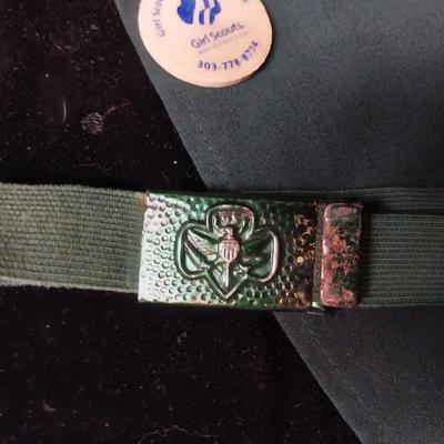 GIRL SCOUT VEST, PINS, BELT, SASH AND MORE