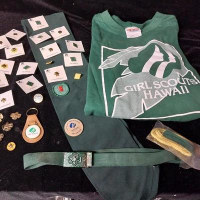 GIRL SCOUT VEST, PINS, BELT, SASH AND MORE