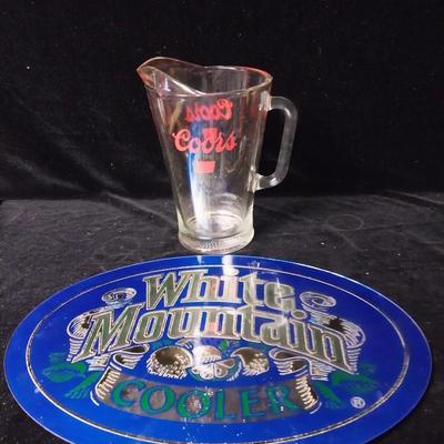 COORS GLASS PITCHER AND A WHITE MOUNTAIN COOLER SIGN