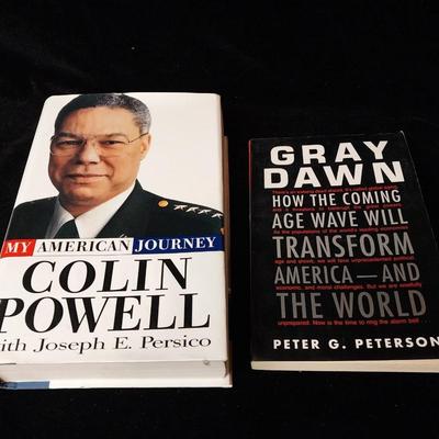 2 BOOKS SIGNED BY AUTHORS COLIN POWELL & PETER PETERSON