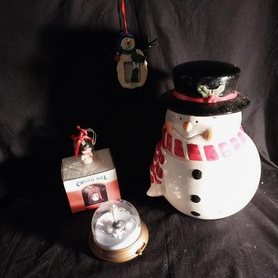SNOWMAN COOKIE JAR-CRYSTAL BELL SNOWMAN RINGER-SNOWMAN ORNAMENTS
