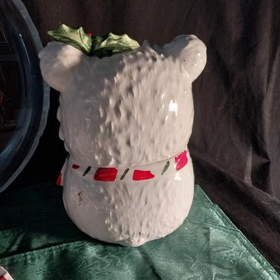 LEFTON HOLIDAY BEAR COOKIE JAR-GLASS PLATTER-KITCHEN TOWEL