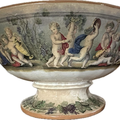 Antique STAPLE Repair Cherub Decorated Punch Bowl