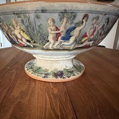 Antique STAPLE Repair Cherub Decorated Punch Bowl