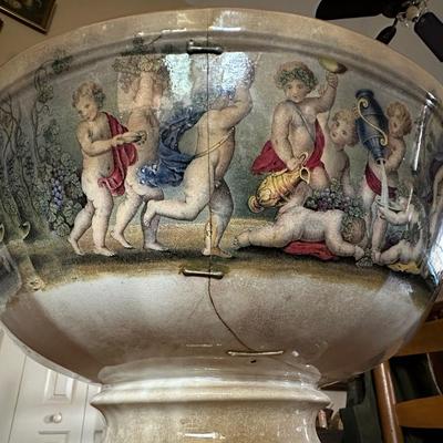 Antique STAPLE Repair Cherub Decorated Punch Bowl