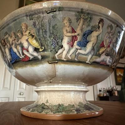 Antique STAPLE Repair Cherub Decorated Punch Bowl