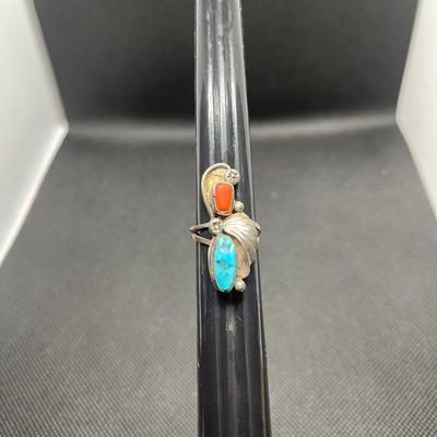 Vintage Navajo  Sterling Silver Turquoise Coral Ring Leaf Size 6.5