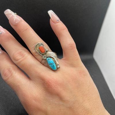 Vintage Navajo  Sterling Silver Turquoise Coral Ring Leaf Size 6.5