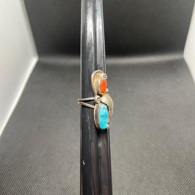 Vintage Navajo  Sterling Silver Turquoise Coral Ring Leaf Size 6.5