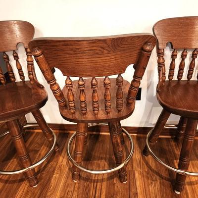 Lot #92  Lot of 3 Vintage Oak Barstools