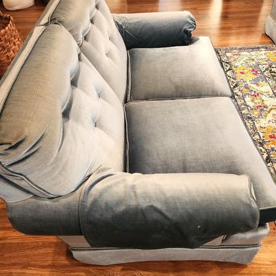 Lot #101  Blue Velveteen Love Seat - Distinctive Furniture by Gilliam