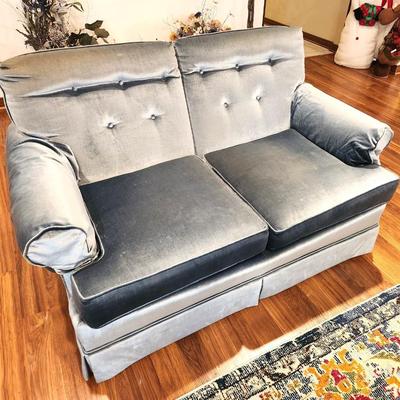 Lot #101  Blue Velveteen Love Seat - Distinctive Furniture by Gilliam