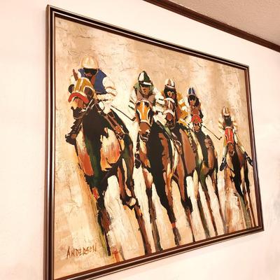 Lot #103  Large Mid Century Modern Painting - Race Horses