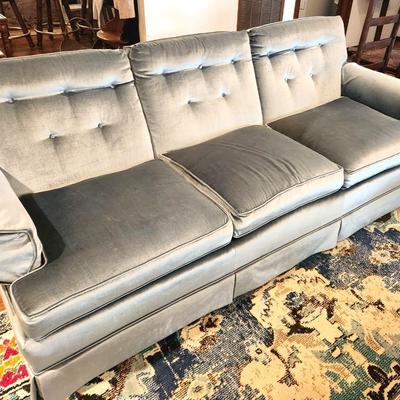Lot #109  Blue Velveteen Sofa - Distinctive Furnishings by Gilliam