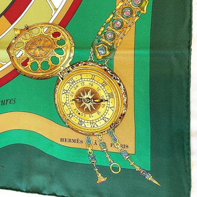 005 Authentic HERMÃˆS Carre 90 Silk Scarf La Ronde Des Heures (Green) by LoÃ¯c Dubigeon 1993